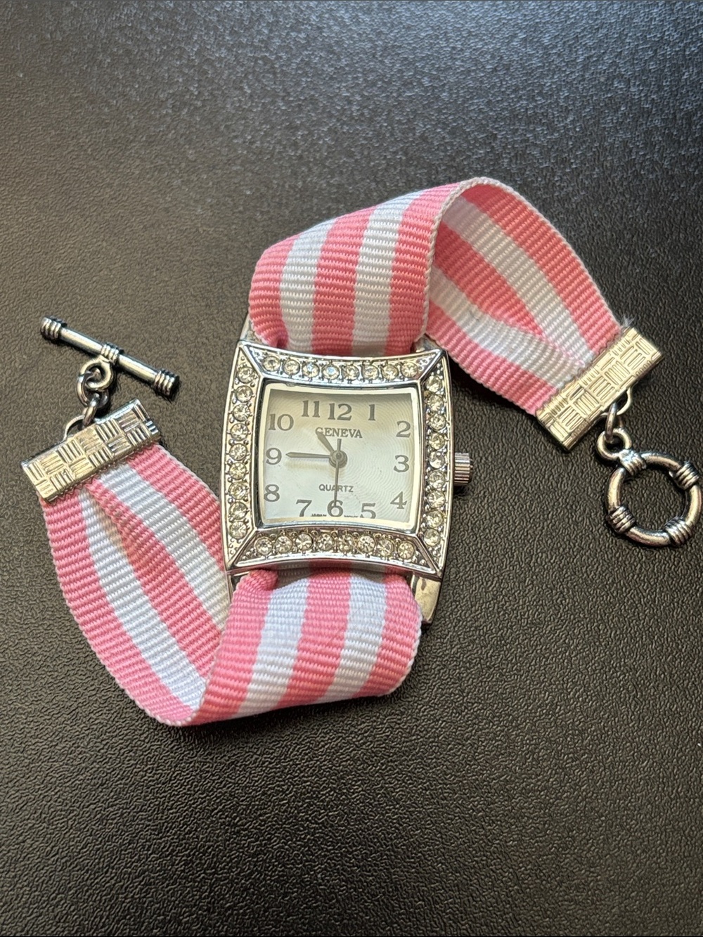 Geneva Pink & White Striped Ribbon Crystal-Trim Watch